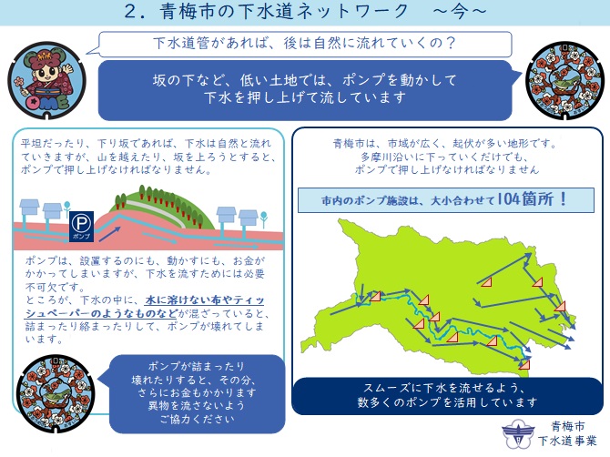 坂を上って下水を流すため、ポンプ施設が多くあります