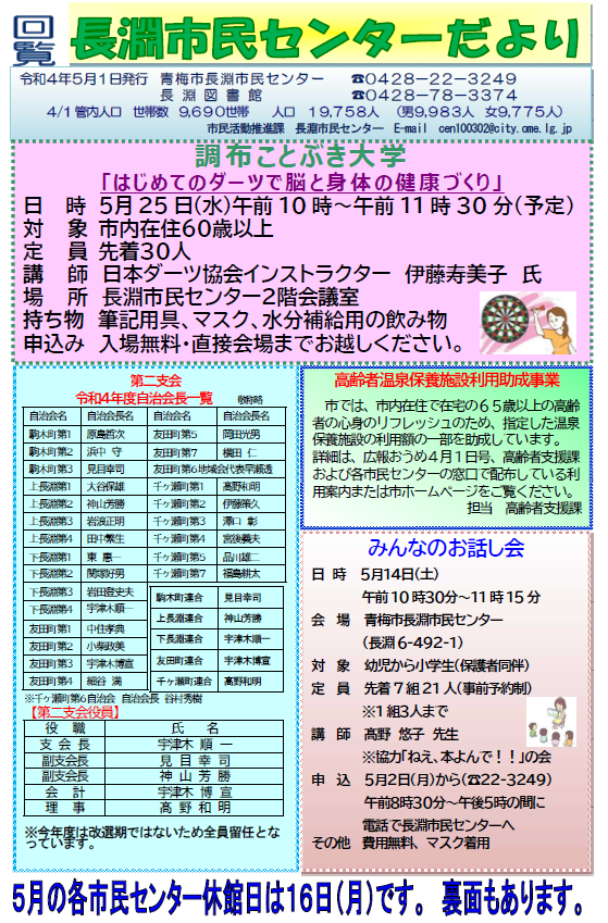 長淵市民センターだより令和4年5月号（表面）